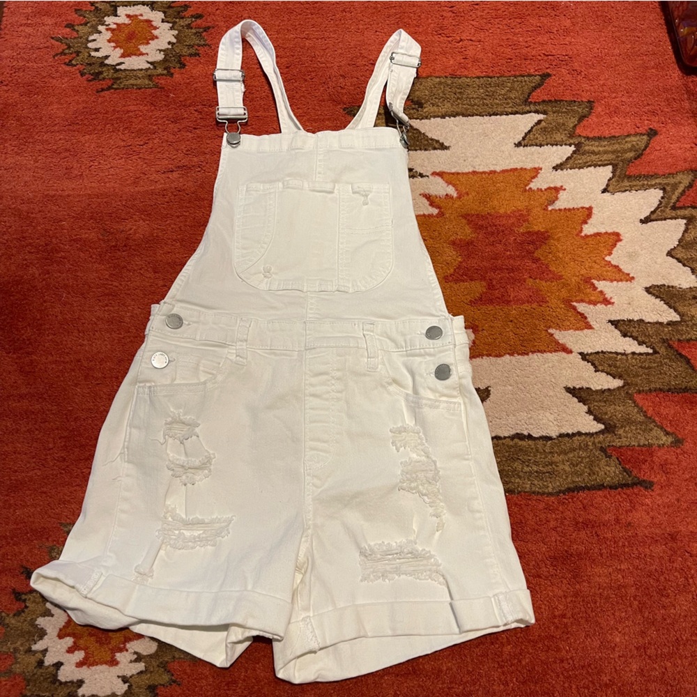 White distressed shortalls Small
